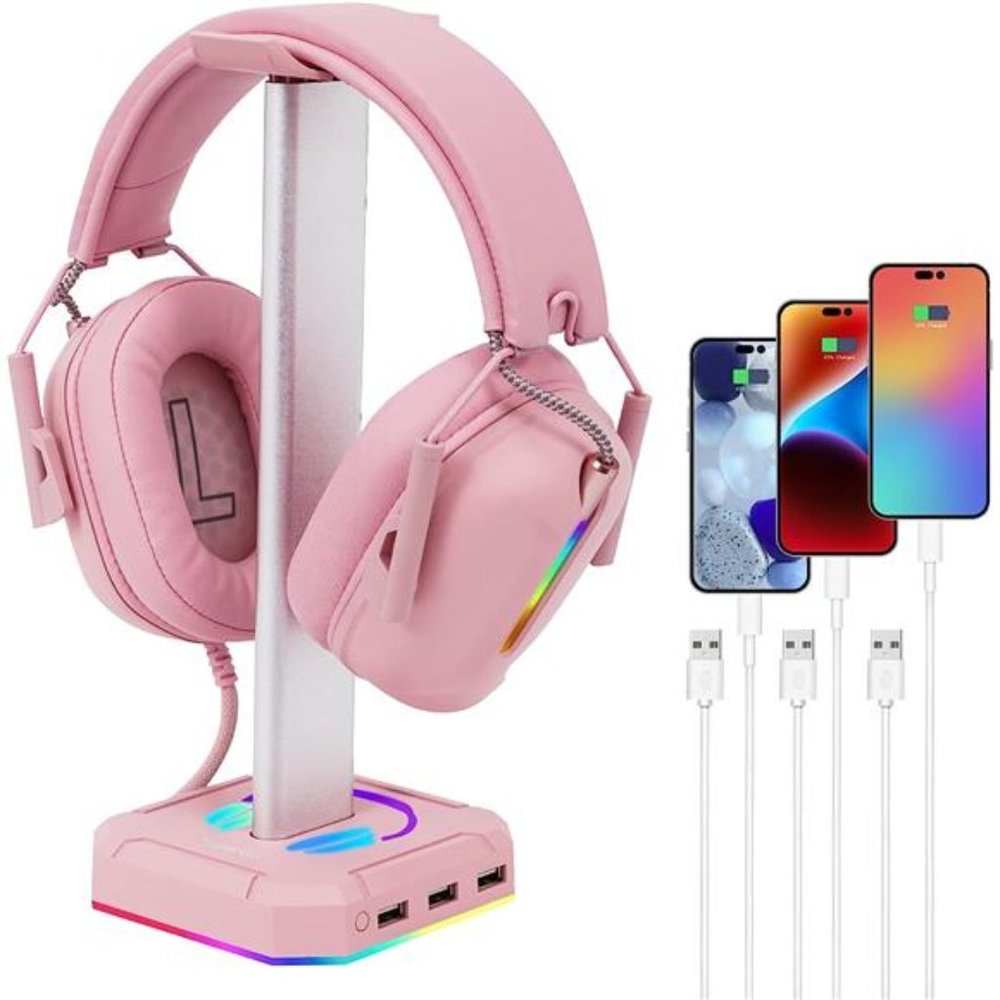 Pink Headphone Stand RGBLights Gaming Headset Holder with 3USB Port for Charging